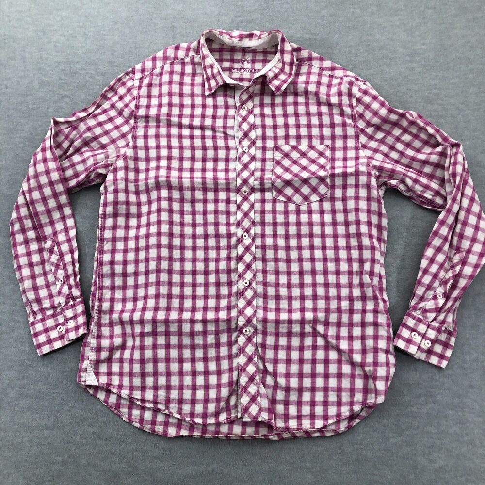 Bugatchi Button Shirt Mens Size XL Linen Shaped Fit Plaid Long Sleeve
